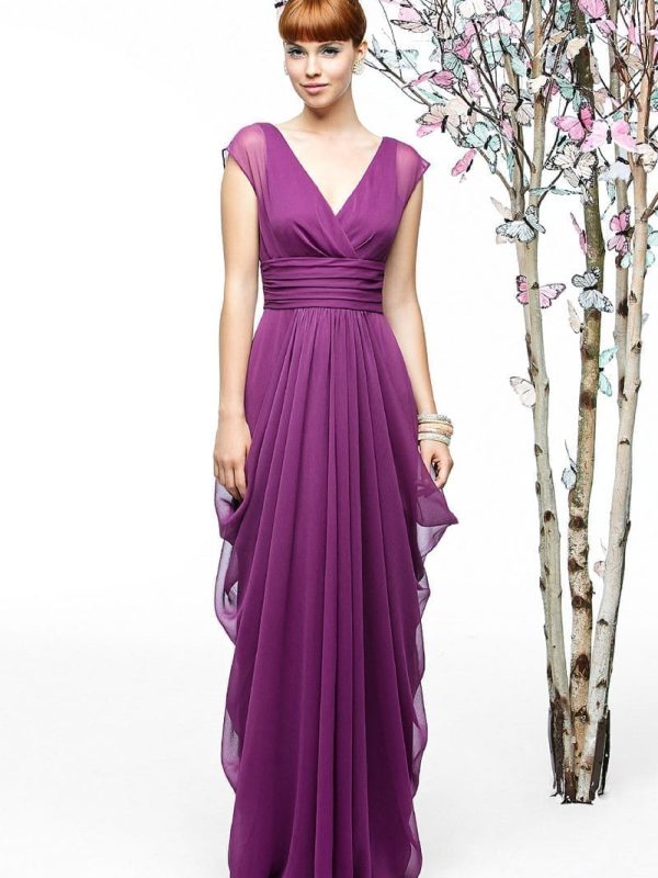 Purple Chiffon A-line Deep V-neck Long Bridesmaid Dress