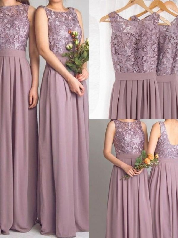 Elegant Sleeveless Long Chiffon Lace Bridesmaid Dress