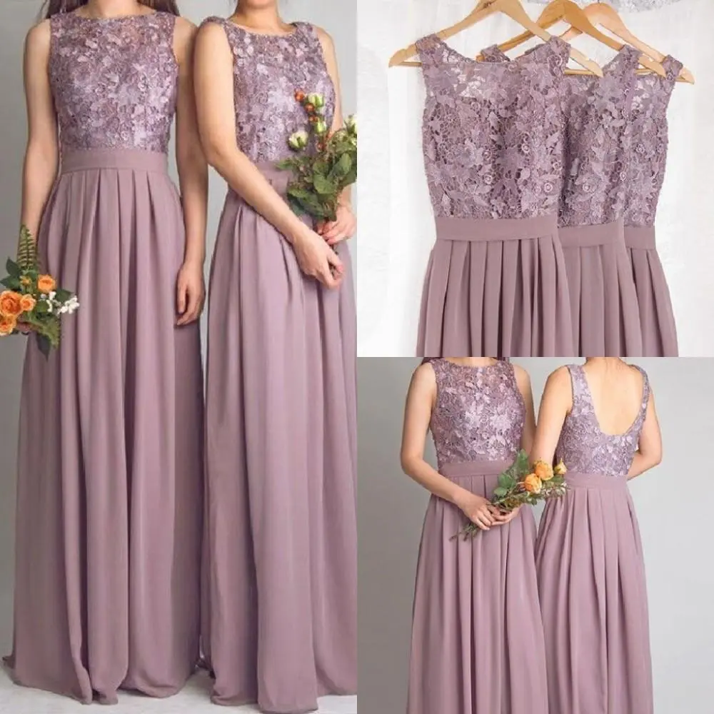 Elegant Sleeveless Long Chiffon Lace Bridesmaid Dress
