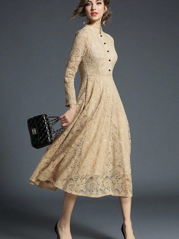 Stand Neck Long Sleeve Office Work Elegant Lace Dress