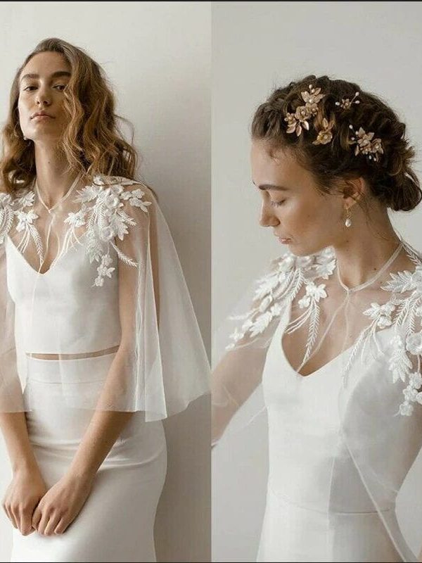 Soft Tulle Shoulder Appliques Lace Bridal Wedding Cape Bolero Jacket