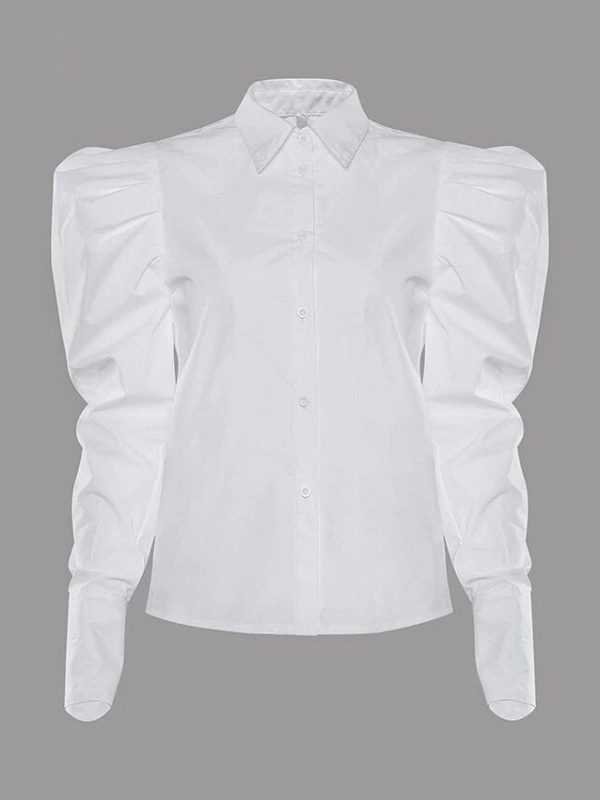 Elegant White Puff Sleeve Turn Down Collar Blouse Shirt