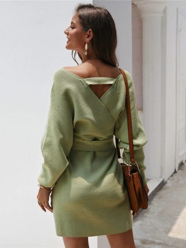 Long Sleeve Sashes Tied Knitted Wrap Sweater Dress