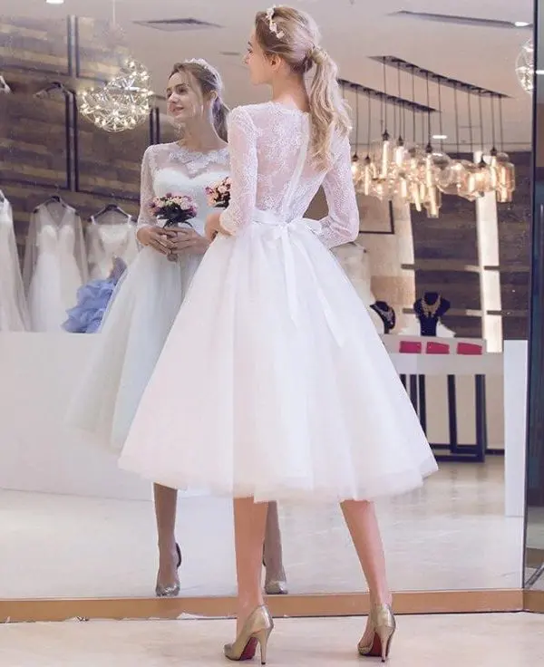 Tea-length Three Quarter Sleeve Illusion Lace Wedding Dress in Wedding dresses