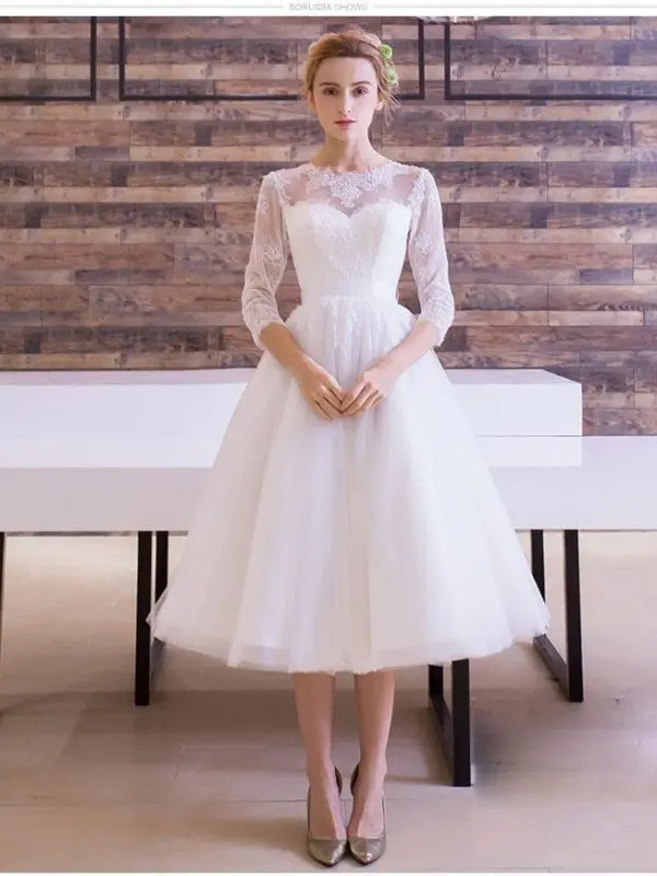 Tea-length Three Quarter Sleeve Illusion Lace Wedding Dress