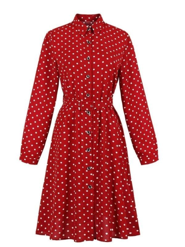 Vintage Long Sleeve Polka Dots Print Button Up Shirt Swing Dress ...