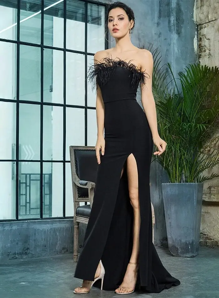 Black Strapless Cut Out Feather Long Dress