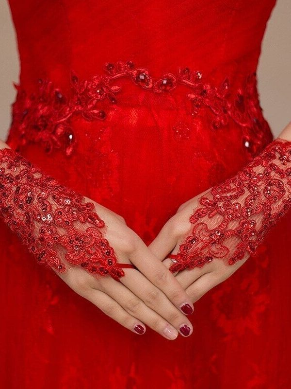 Fingerless Short Beaded Lace Wedding Gloves