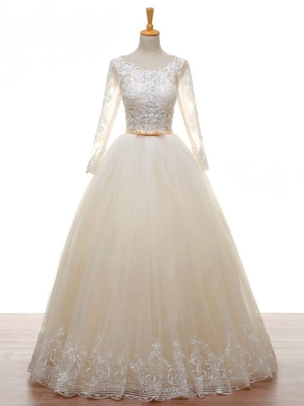 A-line Long Sleeves Beads Lace Tulle Champagne Backless Wedding Dress