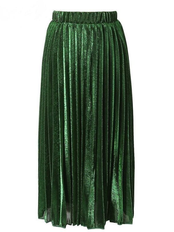 Green Gold Black Silver Sequined Pleated High Waist Midi Skirt