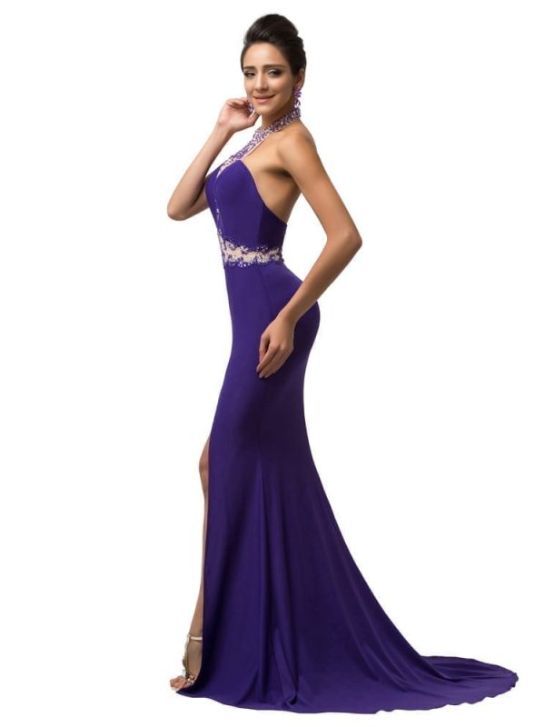 Elegant Micro-fiber Halter Mermaid Purple Floor Length Sequins Beading Prom Dress