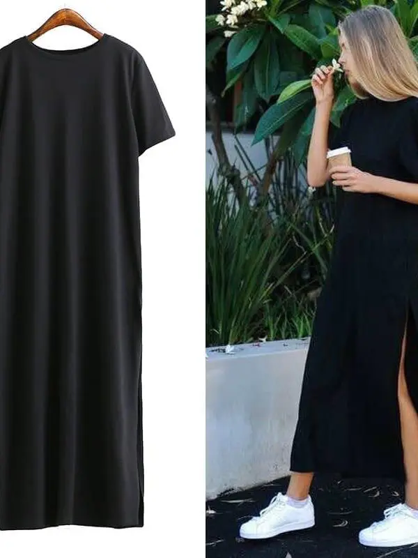 Side High Slit Short Sleeves Black Long T-shirt Women Dress