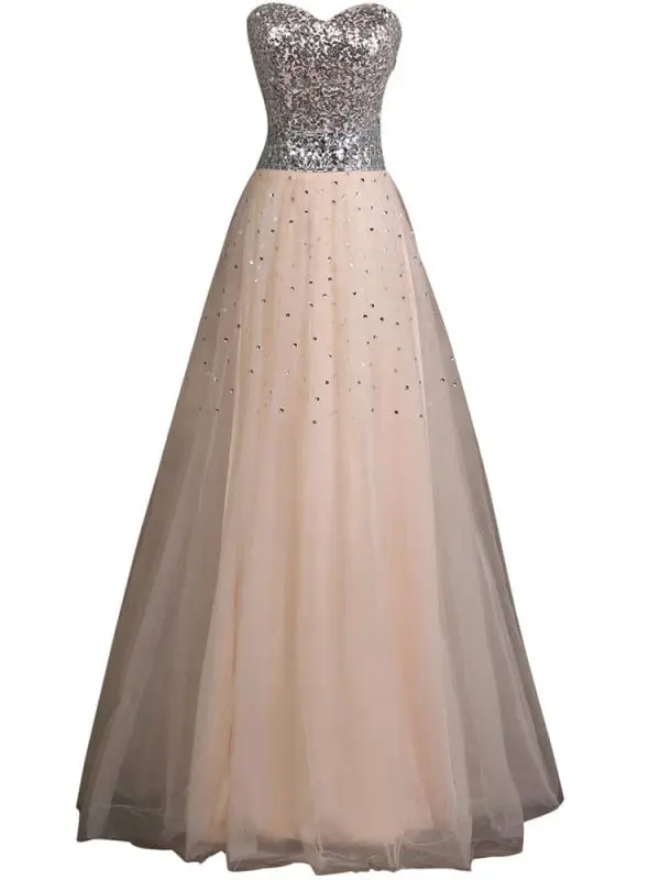 Apricot Sequins Long Elegant Strapless Tulle Floor Length Evening Prom Dress
