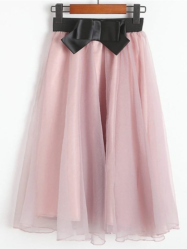 Black Pink Tulle High Waist Bow Midi Skirt