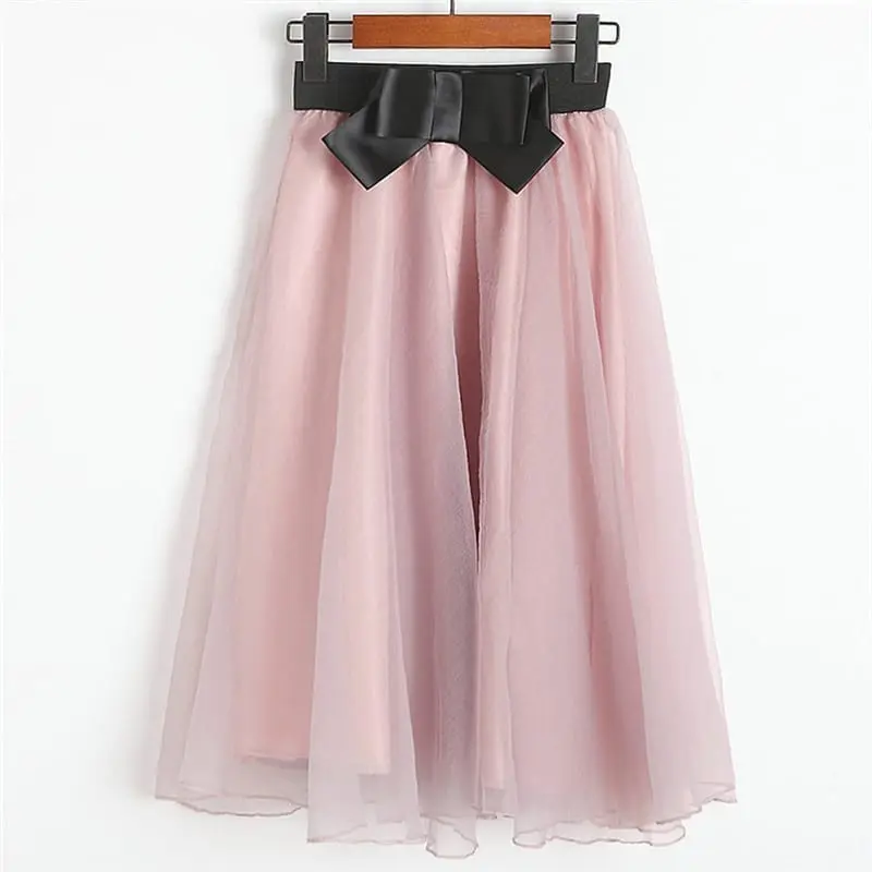 Black Pink Tulle High Waist Bow Midi Skirt