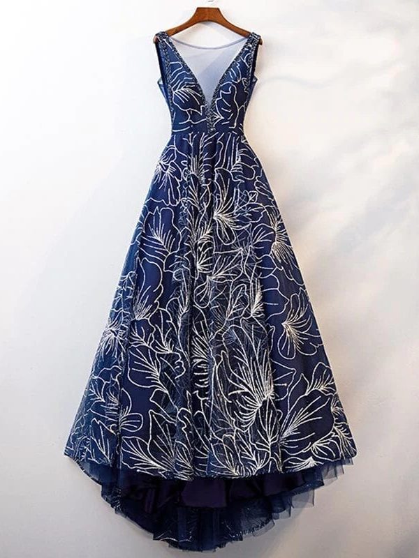 Elegant Dark Blue V Neck A Line Sleeveless Zipper Up Dress
