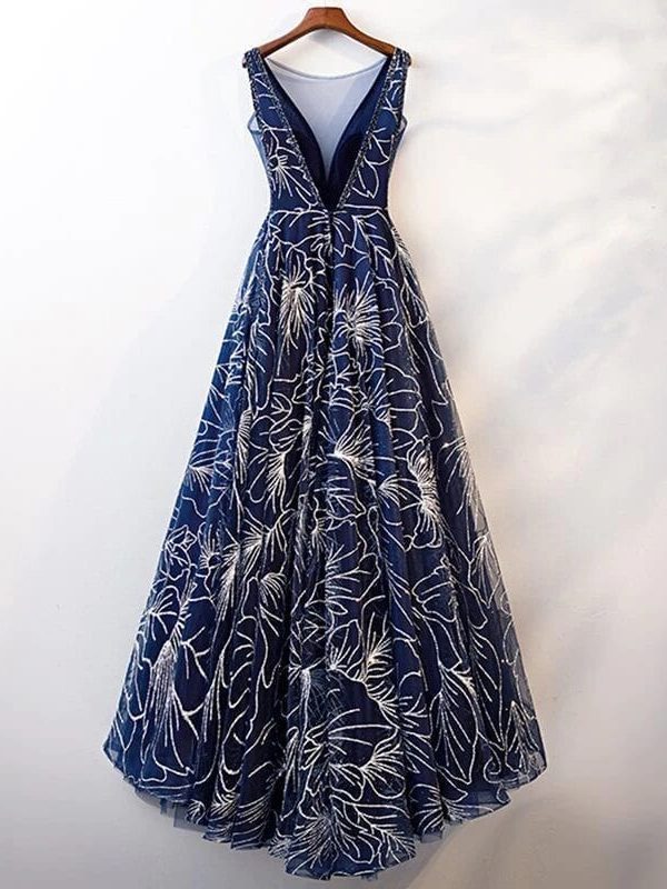 Elegant Dark Blue V Neck A Line Sleeveless Zipper Up Dress