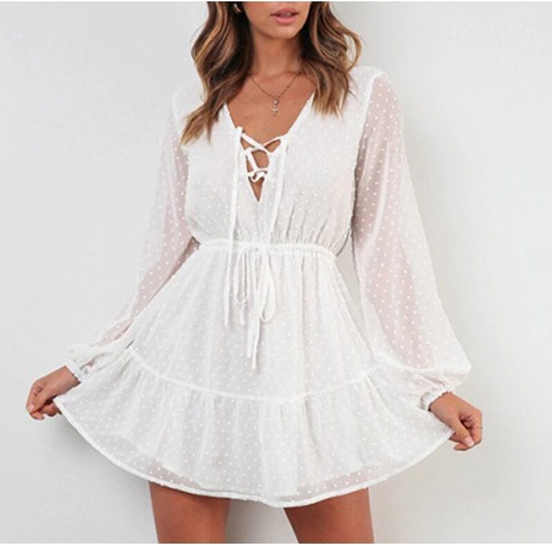 Elegant Ruffles Lace Up Long Sleeve White Mini Dress | Uniqistic.com