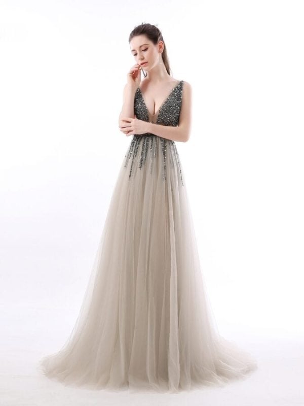Side Split Deep V-neck Backless Beads Crystal Party Sleeveless Sweep Train Tulle Prom Dress