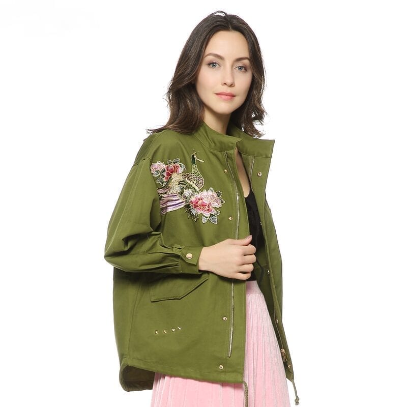 Army Green Floral Embroidery Patched Rivet Design Flight Jacket - Coats & Jackets - Uniqistic.com