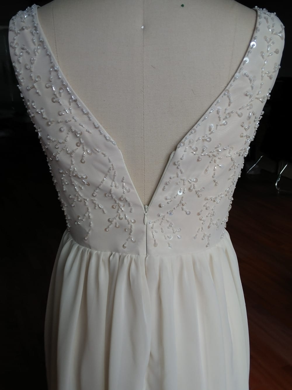 Champange Long A-line V-neck Spaghetti Straps Beading Sequin Bridesmaid Dress