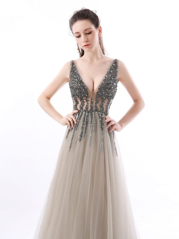 Side Split Deep V-Neck Backless Beads Crystal Party Sleeveless Sweep Train Tulle Prom Dress - Homecoming Court Dresses - Uniqistic.com