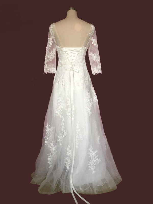 White/ivory Tulle Applique Three Quarter Sleeve Lace Wedding Dress