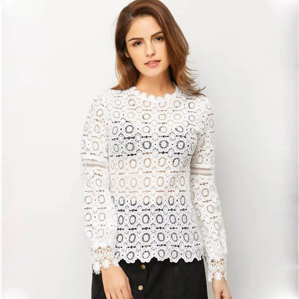 Vintage Black White Floral Lace Hollow Out Crochet Long Sleeve Blouse Shirt