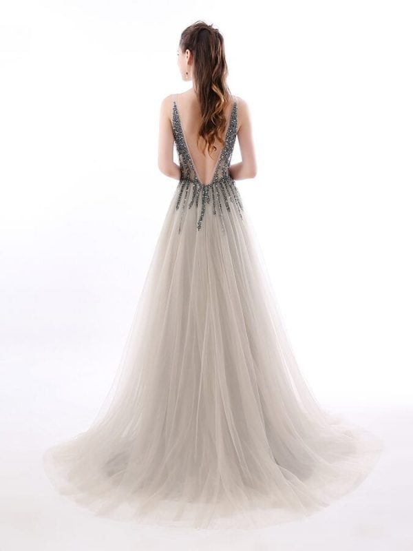Side Split Deep V-neck Backless Beads Crystal Party Sleeveless Sweep Train Tulle Prom Dress