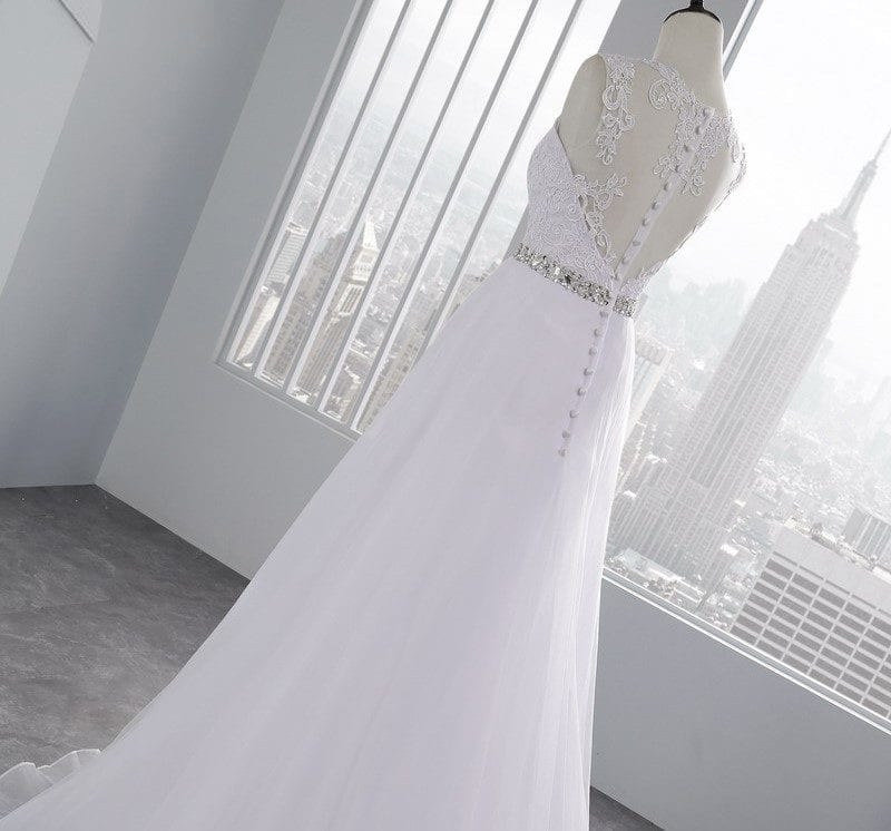 A-line Tulle Beading Organza Appliques Long Lace Wedding Dress