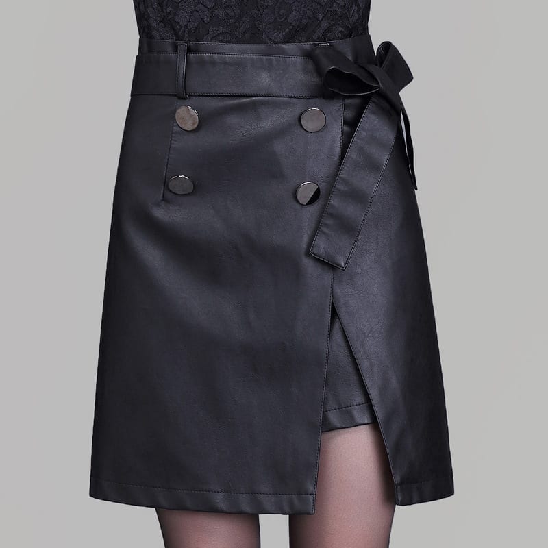 High Waist Black A-line Double-breasted Mini Skirt
