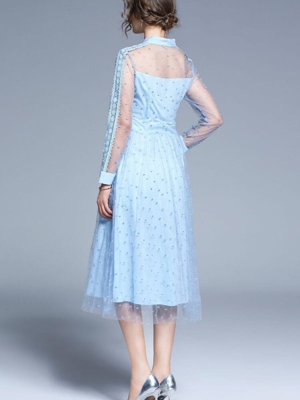 Blue Lace Patchwork Mid-calf A-line Elegant Office Dress