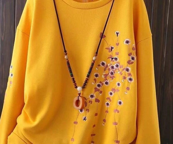 Floral Embroidery Long Sleeve O-neck Sweatshirt
