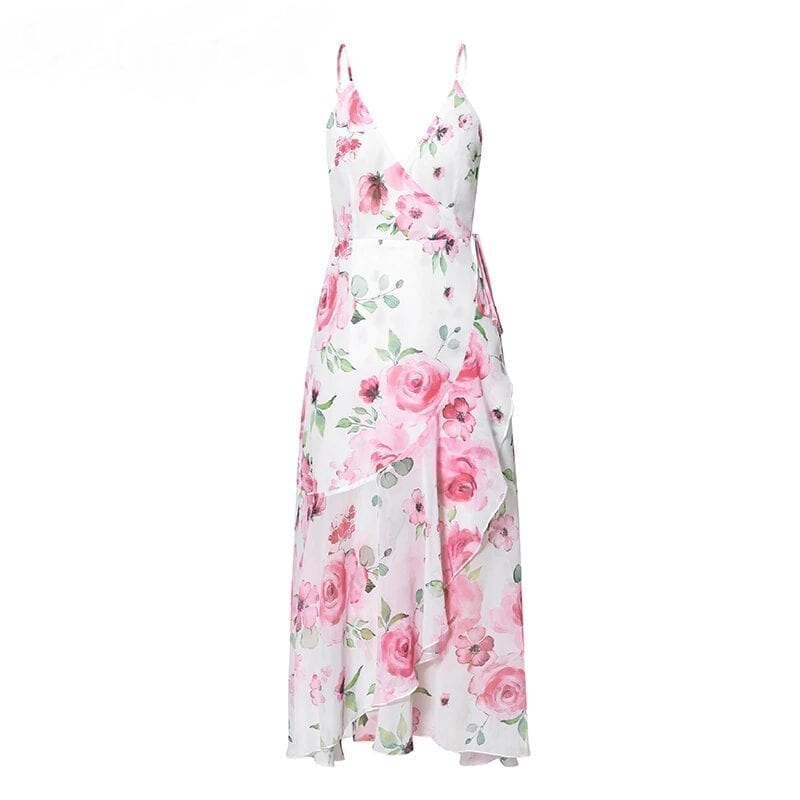 Sleeveless Floral Print V-neck Ruffle Chiffon Asymmetric Dress