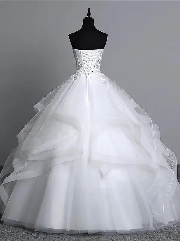 Appliques Pearls Strapless Ball Gown Wedding Dress