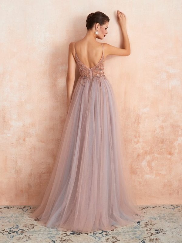 Elegant See Through A Line Split Tulle V Neck Spaghetti Strap Floor Length Evening Prom Dress