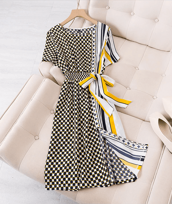 Print contrast plaid side lace-up striped chiffon dress