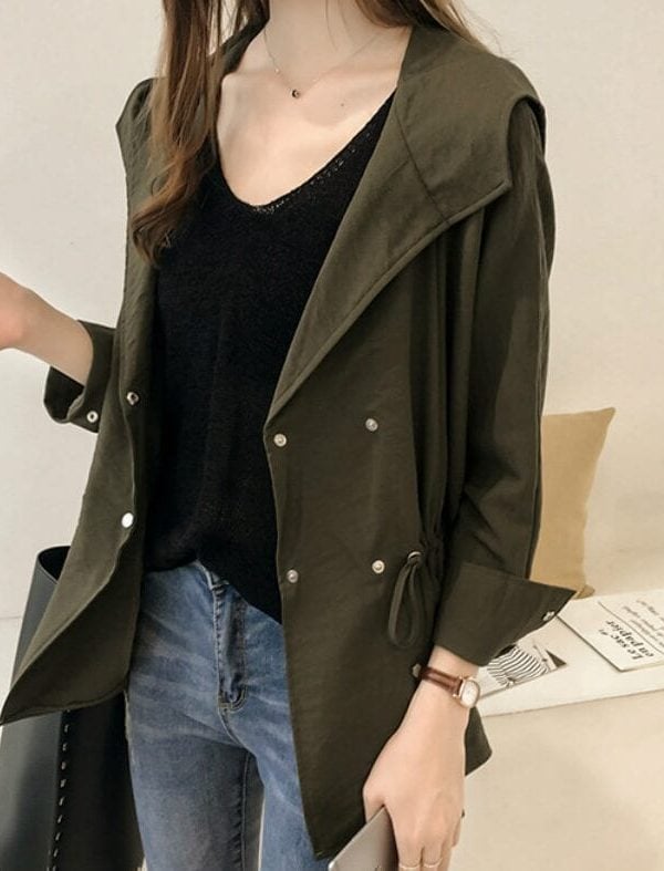 Loose Hooded Long Sleeve Women Trench Coat