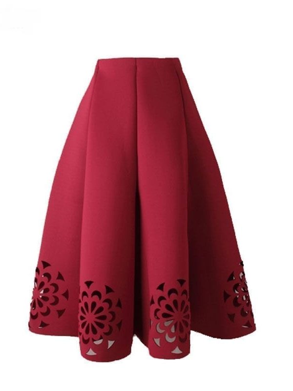 Elegant Vintage Floral Crochet High Waist A-line Zipper Midi Skirt