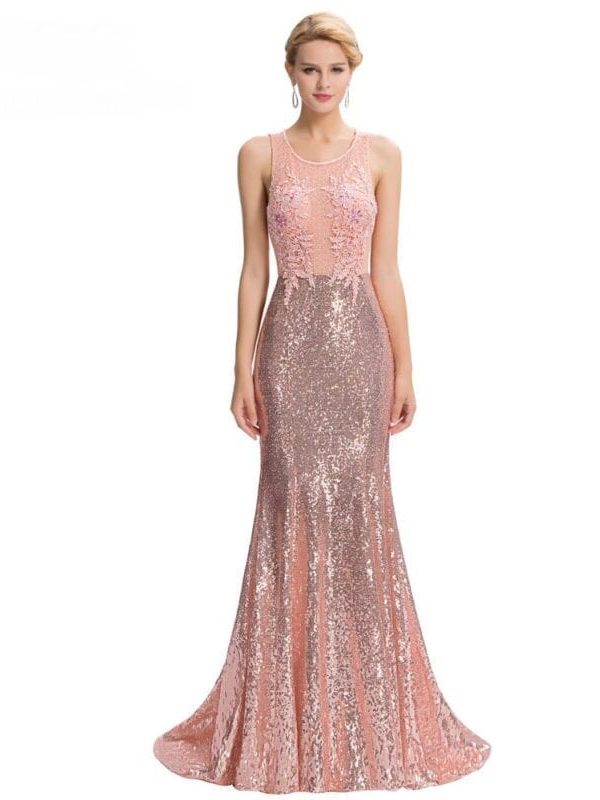 Elegant Pink Sequin Floor Length Backless Lace Mermaid Evening Dress