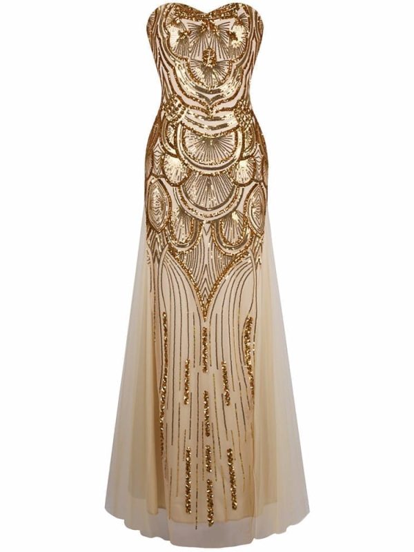 Gold Strapless Sequined A-line Tulle Lace Up Long Evening Dress