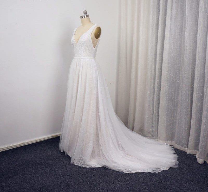 Deep V-neck Unique Lace Beaded A-line Boho Wedding Dress