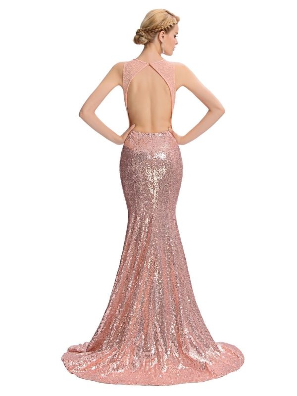 Elegant Pink Sequin Floor Length Backless Lace Mermaid Evening Dress