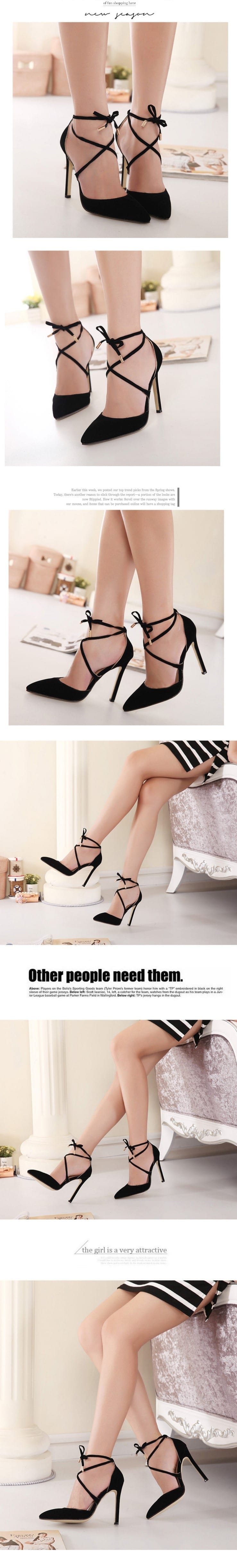 Lace Up High Heels Pointed Toe Bandage Stiletto Black Pumps