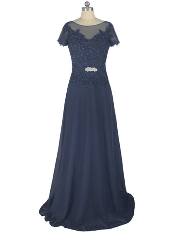 Short Sleeve A-line Cap Sleeve Lace Chiffon Navy Blue Long Evening Mother Of The Bride Dress