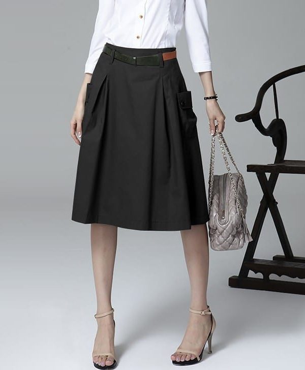 A-line Pockets Khaki And Black Button Midi Skirt