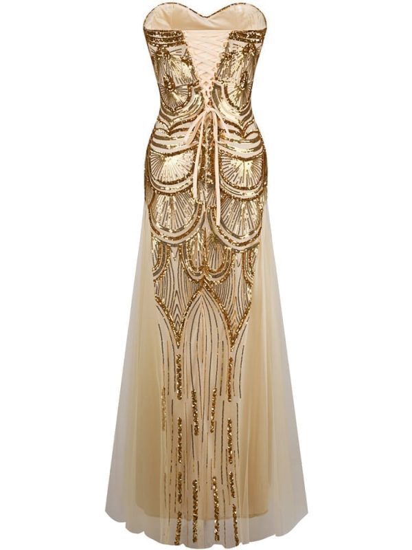 Gold Strapless Sequined A-line Tulle Lace Up Long Evening Dress