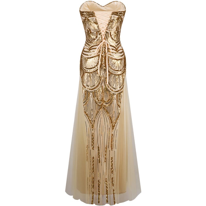 Gold Strapless Sequined A-line Tulle Lace up Long Evening Dress ...