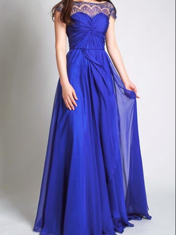 Royal Blue With Cap  Sleeves Lace Chiffon A line Wedding  