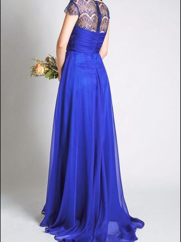 Royal Blue With Cap Sleeves Lace Chiffon A-line Wedding Party Long Bridesmaid Dress